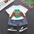 Round neck coin short sleeve suit boys' casual denim shorts two piece set